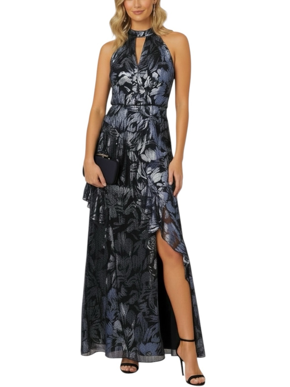 NWT ADRIANNA PAPELL Navy Crinkle Metallic Halter Keyhole Ruffle Gown Size 10